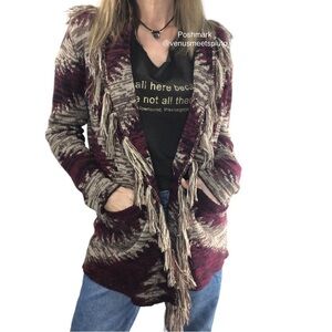 Nostalgia Fringe Cardigan Sz M Aztec Cabincore Long Boho Western Cabin Cozy